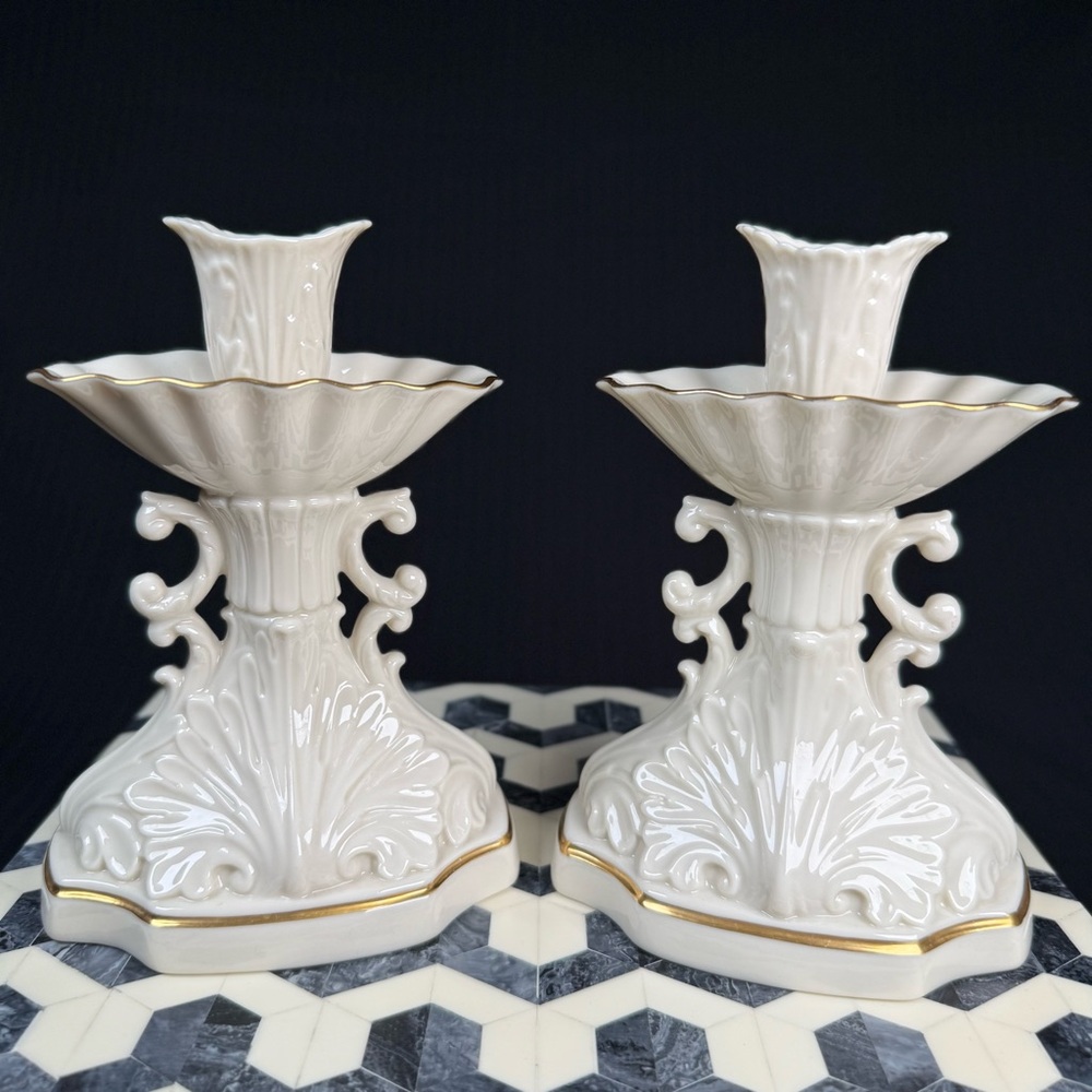 Vintage Lenox Aquarius Collection Ivory Porcelain w/Gold Trim Candle Holders (2)